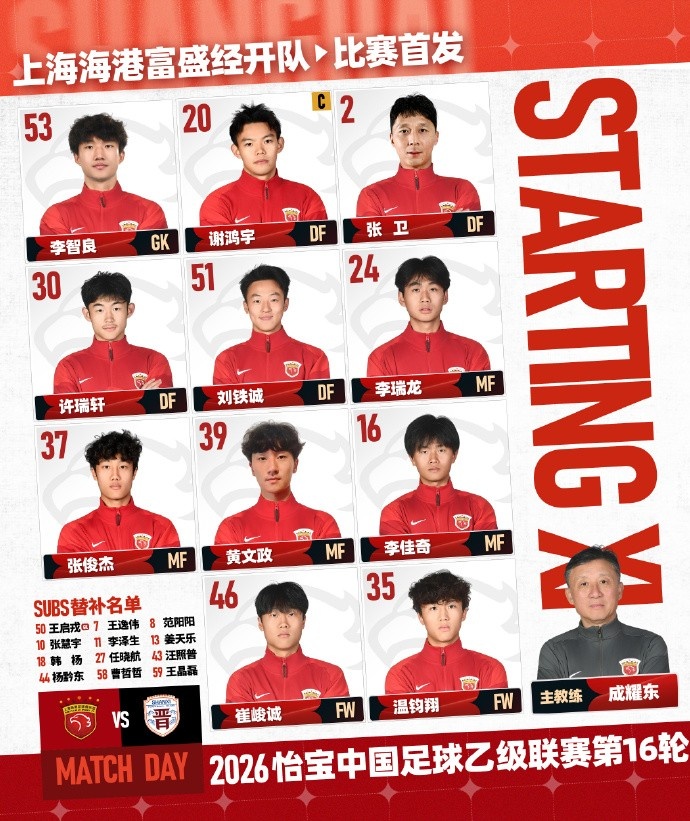 中乙第16轮首发公布 上海海港富盛经开U21对阵山西崇德荣海
